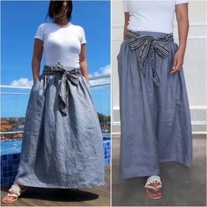 Linen maxi skirt with belt, chartreuse skirt, burnt orange skirt, navy linen skirt, puff skirt, hanbok, black linen skirt, terracotta skirt image 7