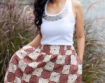 Brown Floral Skirt: Batik Print, Custom Length Available