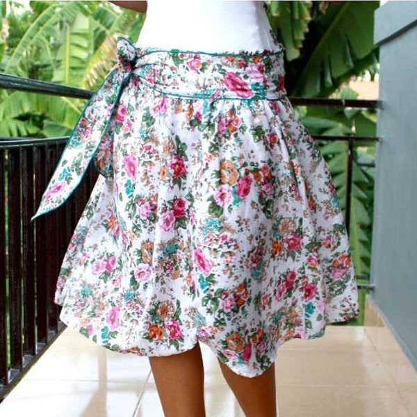 White Skirt in Pink and Green Flower Cotton and sash belt