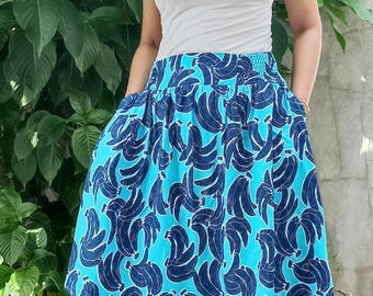 Blue Banana Print Skirt: Batik Skirt, Summer Fashion