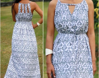 Maxi vestido gris con cinturón, vestido ikat, vestido bali, vestido boho largo, cubierta de playa, vestido precioso, vestido de verano, vestido glamoroso