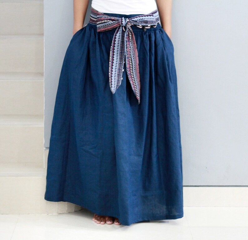 Linen Maxi Skirt with Belt, washed linen midi skirt, chartreuse and burnt orange, customizable high waisted skirt, linen skirt for women Blue