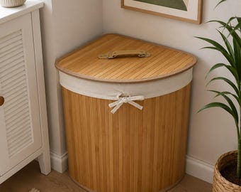 Corner Laundry Hamper with Lid Foldable Bamboo Laundry Basket Large Clothes Organizer with Removable Washable Liner for Bathroom Apartment