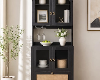 Tall Kitchen Pantry Cabinet with Drawer, Farmhouse Storage Cupboard, Arched Display Cabinet, Glass Door Organizer, Coffee Bar Cabinet