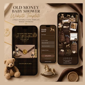 Puede incluir: Una plantilla de sitio web para baby shower de 3 páginas editable en Canva con fondo de cuadros marrón oscuro, detalles de coronas doradas e ilustraciones de ositos de peluche, caballos mecedora y sobres con sellos de cera en tres móviles.