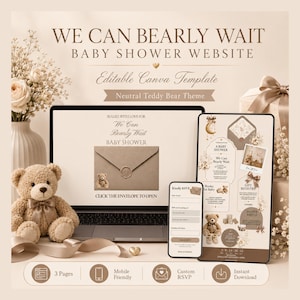 We Can Bearly Wait websitesjabloon babyshower met RSVP, teddybeer babyshoweruitnodiging, bewerkbare canvas mobiele uitnodiging, thema beer