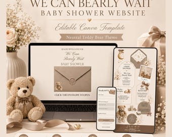 May include: A digital baby shower website template featuring a neutral teddy bear theme. The design includes a laptop, a mobile phone, and a tablet displaying invitation details, RSVP forms, and event information with text reading We Can Bearly Wait.