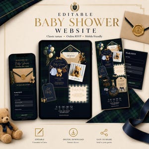 May include: An editable baby shower website template featuring a classic dark green tartan pattern. The design includes digital invitations, RSVP forms, and countdown timers with teddy bear graphics, gold wax seal accents, and navy blue ribbons.