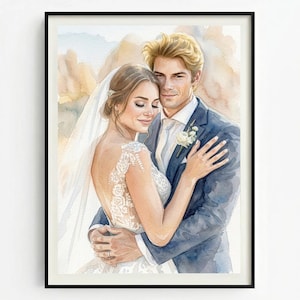 May include: A watercolour portrait of a couple in wedding attire. The person on the left wears a white lace gown with a veil, while the person on the right wears a navy blue suit with a white shirt and a small white floral boutonniere.