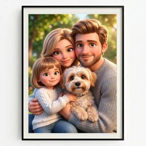 Può includere: Un'illustrazione digitale incorniciata raffigurante una famiglia di tre persone, tra cui un adulto biondo, un adulto con la barba e un bambino dai capelli castani, tutti con maglioni di lana chiari. Un piccolo cane soffice color marrone chiaro è al centro.
