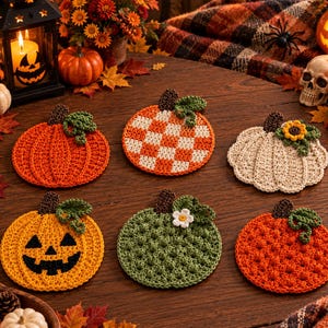 Puede incluir: Seis posavasos de ganchillo con forma de calabaza, con varios diseños que incluyen una calabaza naranja clásica, un patrón de cuadros naranja y blanco, una calabaza crema con un girasol, una calabaza de Halloween, una verde texturizada y una naranja sólida.