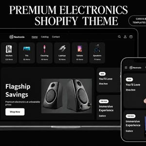 Puede incluir: Una visualización digital de un tema de Shopify Premium Electronics en la pantalla de una computadora portátil y un teléfono inteligente. La interfaz presenta un diseño en modo oscuro con categorías como Kitchen, TVs y Laptops, y Flagship Savings.