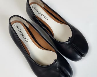 Handgemaakte zwarte leren Tabi-flats – Balletschoenen met gesplitste teen – Vintage minimalistische ballerina's – Elegante instapschoenen in Japanse stijl