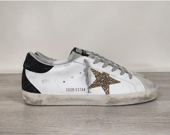 Golden Goose Sneakers for Women – Distressed Luxury Italian Designer Star Shoes Vintage Streetwear Style - White & Gold Star Distressed