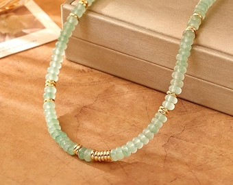 Natural Green Aventurine Beaded Choker, Gold Accent Clavicle Necklace, Boho Gemstone Jewelry