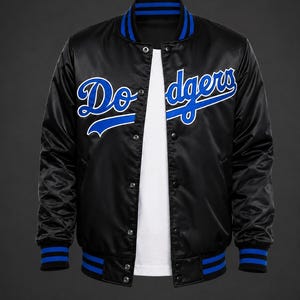 Chaqueta bomber satinada de los Dodgers / Abrigo de béisbol universitario negro y azul para aficionados