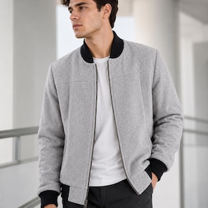 Men's Light Grey Bomber Jacket with Ribbed Collar | Casual Zip-Up Winter & Fall Outerwear
