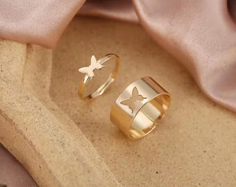 Gouden bijpassende ringen met vlinder | Beloftebandje voor koppels (verstelbaar)