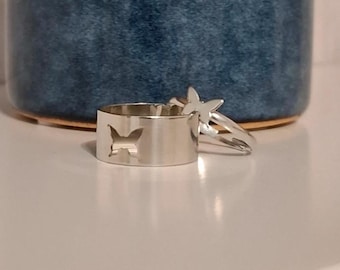 Ensemble de bagues papillon assorties pour couple |  Bagues ajustables minimalistes en argent | Cadeau bijoux promis