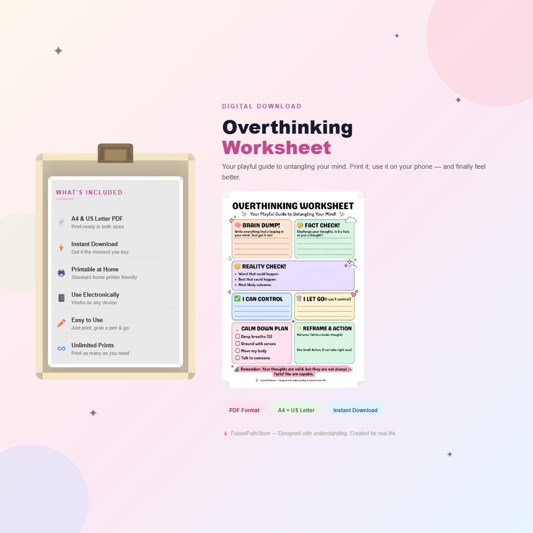 Overthinking Worksheet | ADHD Anxiety Rejection Sensitivity Printable ...