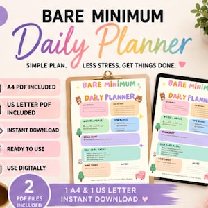 Könnte beinhalten: Ein Bare Minimum Tagesplaner-Template mit Bereichen für Prioritäten, Mahlzeiten, Wasser, Zeitblöcke, Brain Dump, Selbstfürsorge und Notizen. Das Design enthält pastellfarbene Boxen, Bären-Icons und Bäume. Text beinhaltet A4 und US Letter PDF Formate.