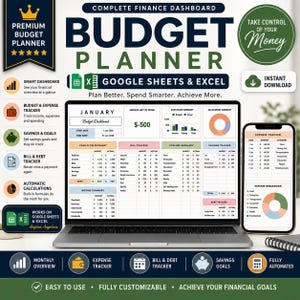 Budget Planner, Google Sheets, Monthly Budget Spreadsheet, Financial Tracker, Expense & Savings Tracker, Paycheck Budget Template