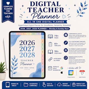 May include: A digital teacher planner for 2026, 2027, and 2028 displayed on a tablet screen. The planner features a blue and cream color scheme with leaf illustrations, monthly tabs, and text including 'Digital Teacher Planner' and 'Plan, Teach, Inspire'.