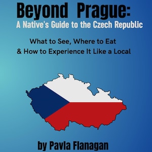 Pode incluir: Uma capa de livro intitulada Beyond Prague: A Native's Guide to the Czech Republic, What to See, Where to Eat & How to Experience It Like a Local por Pavla Flanagan. Apresenta uma foto noturna de uma praça com uma fonte e um mapa da República Checa.