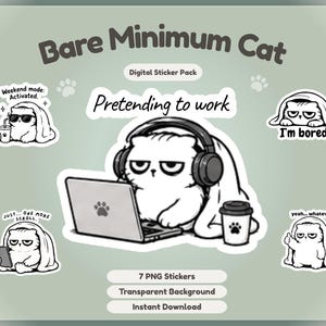 Digitala klistermärken med Bare Minimum Cat för GoodNotes | Moody Cat PNG-klistermärkespaket | Söta planeringsklistermärken | Direktnedladdning