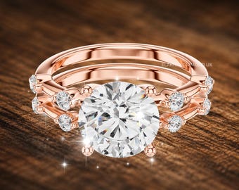 Round Brilliant Cut Lab Grown Diamond Engagement Ring Set, Wedding Ring Set, Unique Bridal Set,10K-18K Gold & Platinum Bridal diamond Ring