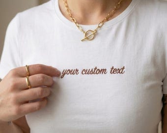Custom Embroidered Baby Tee, Minimalist Script Text Shirt, Personalized Cotton Blend Top