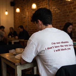 May include: A white short-sleeved t-shirt featuring dark red text printed on the back that reads: i'm not rihanna, i don't love the way you lie, i will block you. The shirt has a crew neckline and a standard fit, shown from the back view.