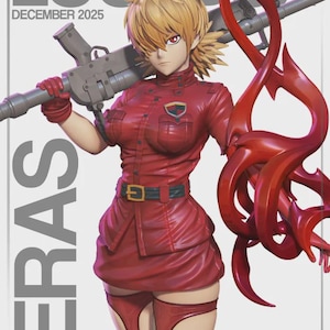 Op de afbeelding: Een verzamelfiguur van een blond personage met rode ogen, gekleed in een rood uniform met een riem en dijhoge kousen. Het figuur houdt een groot grijs geweer over de schouder en is omringd door rode energie-effecten. Tekst leest LOOTBOX.