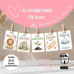 Könnte beinhalten: Fünf illustrierte Affirmationskarten für Kinder, aufgehängt mit Holzklammern. Jede Karte zeigt eine andere Illustration und eine positive Botschaft. Der Text enthält "32 Affirmationen für Kinder" und "Stärke beginnt im Herzen."