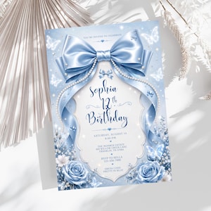 Blue Bow Birthday Invitation, Coquette Birthday Invite, Blue Ribbon Party Template, Editable Canva Invitation, Digital Download