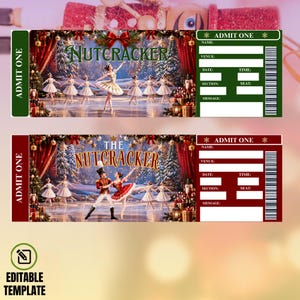 Peut inclure: Deux billets d'événement rectangulaires illustrant des scènes du ballet Casse-Noisette. Le billet du haut est vert avec des danseurs en blanc, celui du bas est rouge avec un duo. Ils incluent des champs pour nom, lieu, date, heure, section, siège.