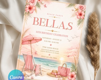 Editable Pink Beach Birthday Invitation, ropical Beach Party Invite,Sweet 16 Birthday Invitation, canva Template, Printable Digital Download
