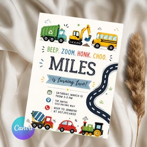 Transportation Birthday Invitation, Birthday Invitation Boy, Editable Car Birthday Invite, Vehicle Theme Party,Truck Birthday Canva Template