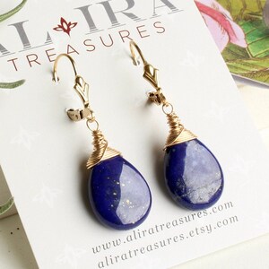 Lapis Gold Filled Earrings, wire wrapped genuine natural royal blue gemstone minimalist artisan dangle drops December birthstone gift 4794