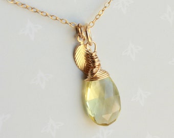 Lemon Quartz Gold Filled Pendant Necklace wire wrapped natural yellow gemstone dainty minimalist solitaire charm cluster gift for her 4787
