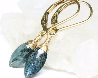 Blue Kyanite Earrings Gold Filled or Sterling Silver wire wrapped natural gemstone dainty dangle drops March birthstone gift for mom 6104