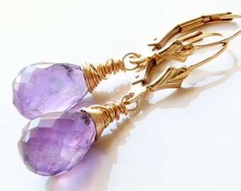 Amethyst Gold Filled Earrings wire wrapped natural purple gemstone minimalist artisan dainty dangle drops February birthstone gift 4802