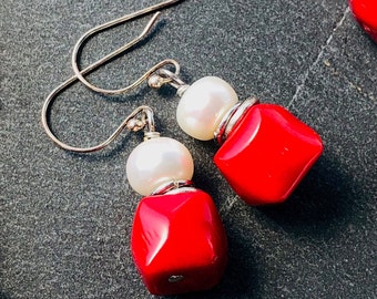 Red Coral White Pearl Earrings Sterling Silver natural gemstone boho chic statement dangle drops birthday holiday gift for her women 6411