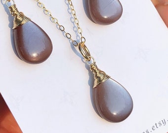 Chocolate Brown Moonstone Necklace Gold Filled or Sterling Silver wire wrapped natural gemstone drop pendant birthday gift for women 6889