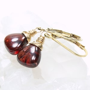 Mozambique Garnet Earrings Gold Filled wire wrapped natural deep red gemstones classic dangle drops January birthstone gift for her 6291 image 7