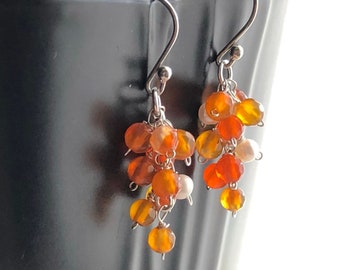 Carnelian Pearls Earrings Sterling Silver natural orange white gemstones small cluster dangle drops boho chic birthday gift for her 6277