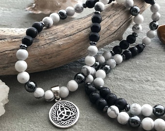 Howlite Black Onyx Hematite Beaded Necklace for men sterling silver celtic knot pendant natural stone mala birthday gift for him mens 6644