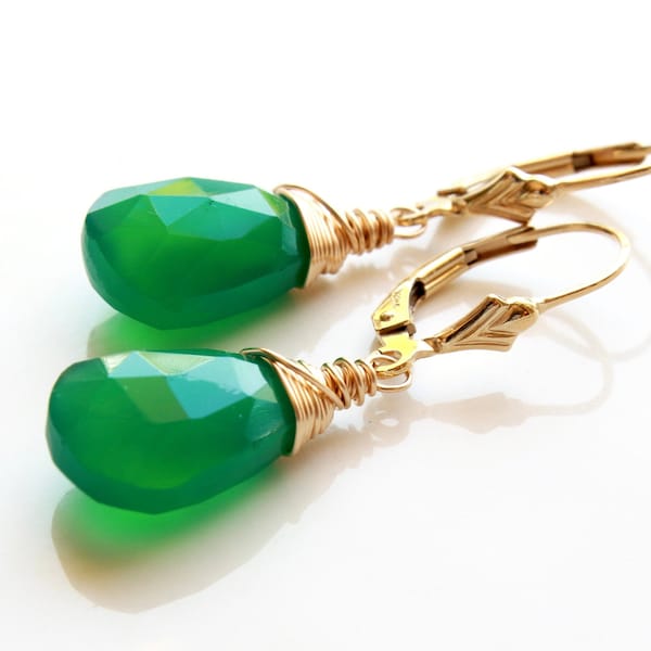 Green Onyx Gold Filled Earrings wire wrapped natural gemstone everyday simple minimalist dangle drops gift for her mom wife sister 4793