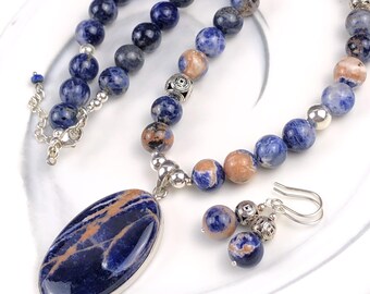 Sodalite Necklace & Earrings Set, Sterling Silver Boho Jewelry 7831