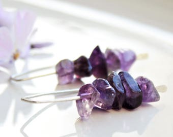 Natural Amethyst Earrings, Sterling Silver, rich purple gemstone threader earrings, hand-forged artisan earrings, holiday gift for her
